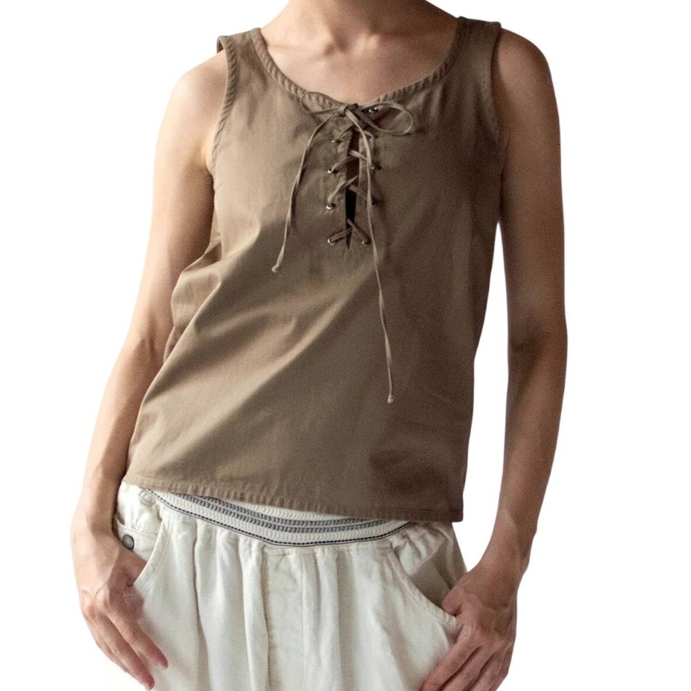 YSL Saint Laurent Rive Gauche Brown Lace Up Tank Top Vintage S/M